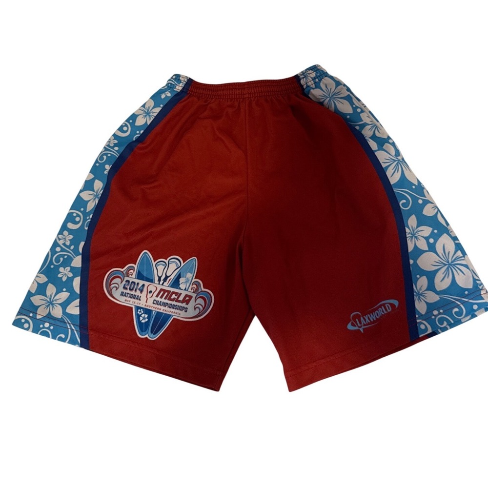 Vtg Fit 2 Win Mens L 2014 MCLA Lacrosse Championship Shorts Red Floral Mesh USA